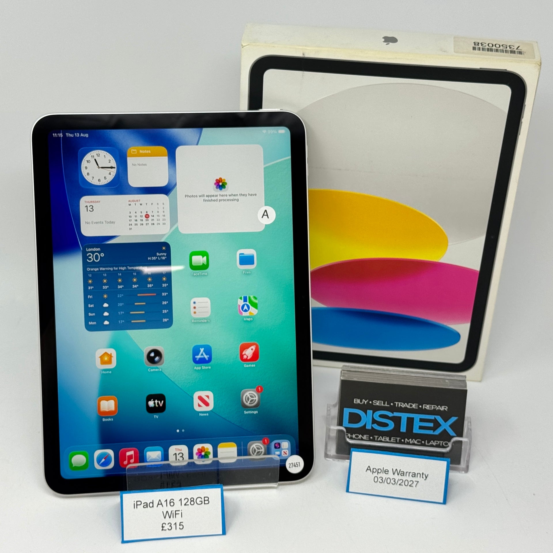 Apple iPad A16 128GB WiFi Silver (A) Apple Warranty 03/03/2027 M27451