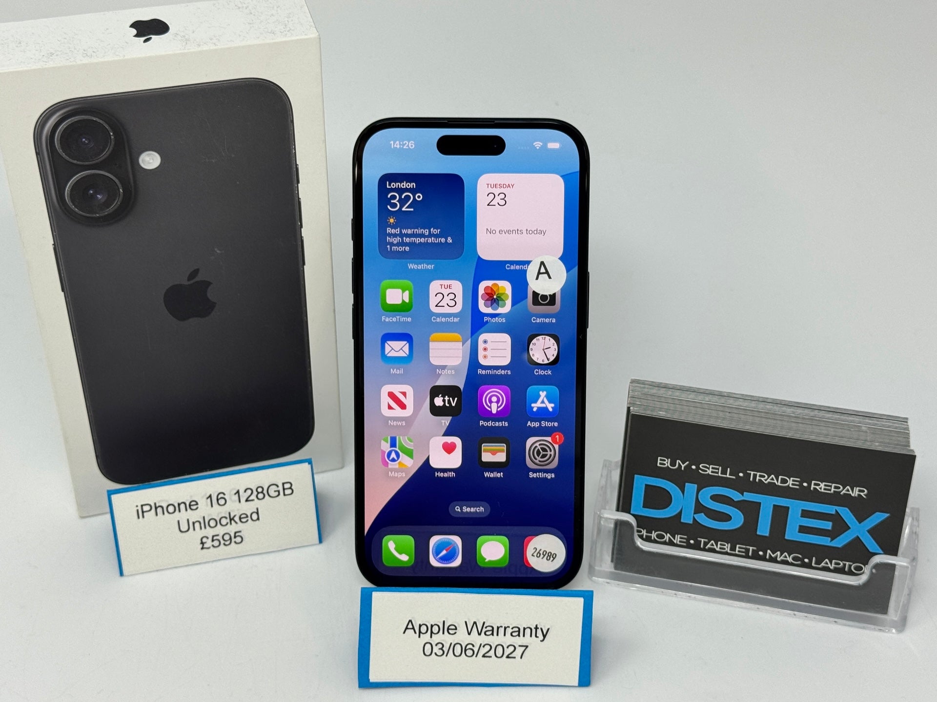 Apple iPhone 16 128GB Unlocked Black (A) Apple Warranty 03/06/2027 M26989