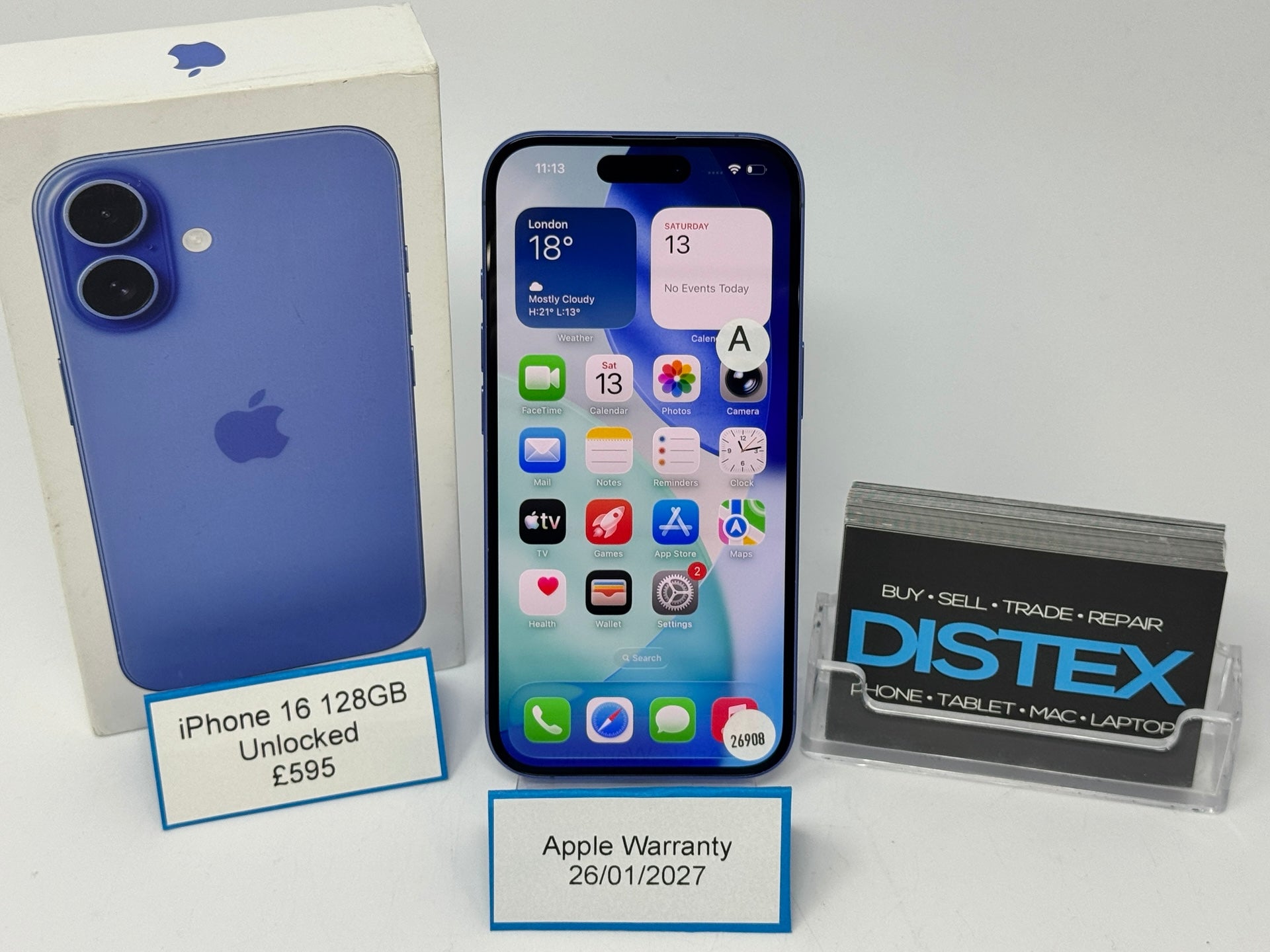 Apple iPhone 16 128GB Unlocked Ultramarine (A) Apple Warranty 26/01/2027 M26908