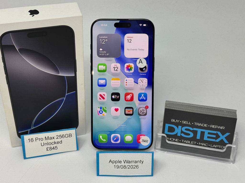 Apple 16 Pro Max 256GB Unlocked Black Titanium (A) Apple Warranty 19/08/2026 M25452